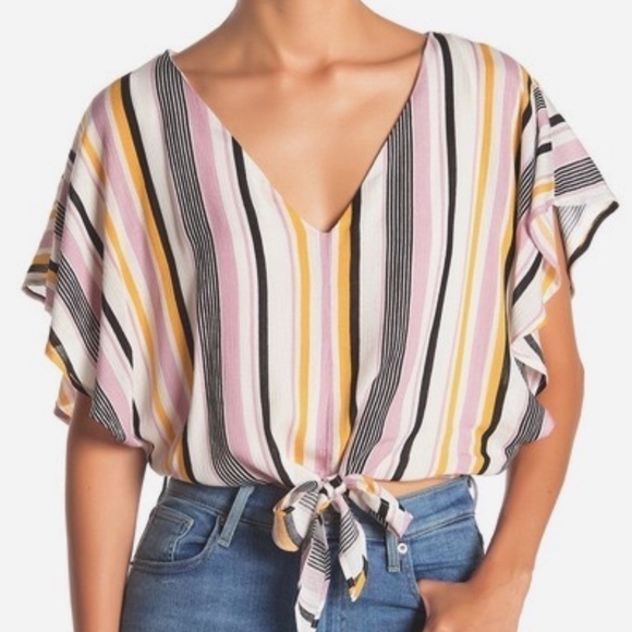 Lumiere Tops - NWT Lumiere V-Neck Stripe Print Front Tie Top- S